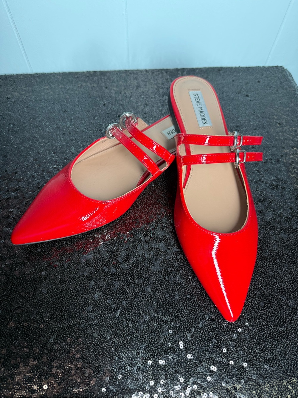 Steve Madden Red Patent Pointed-Toe Double-Strap Mules